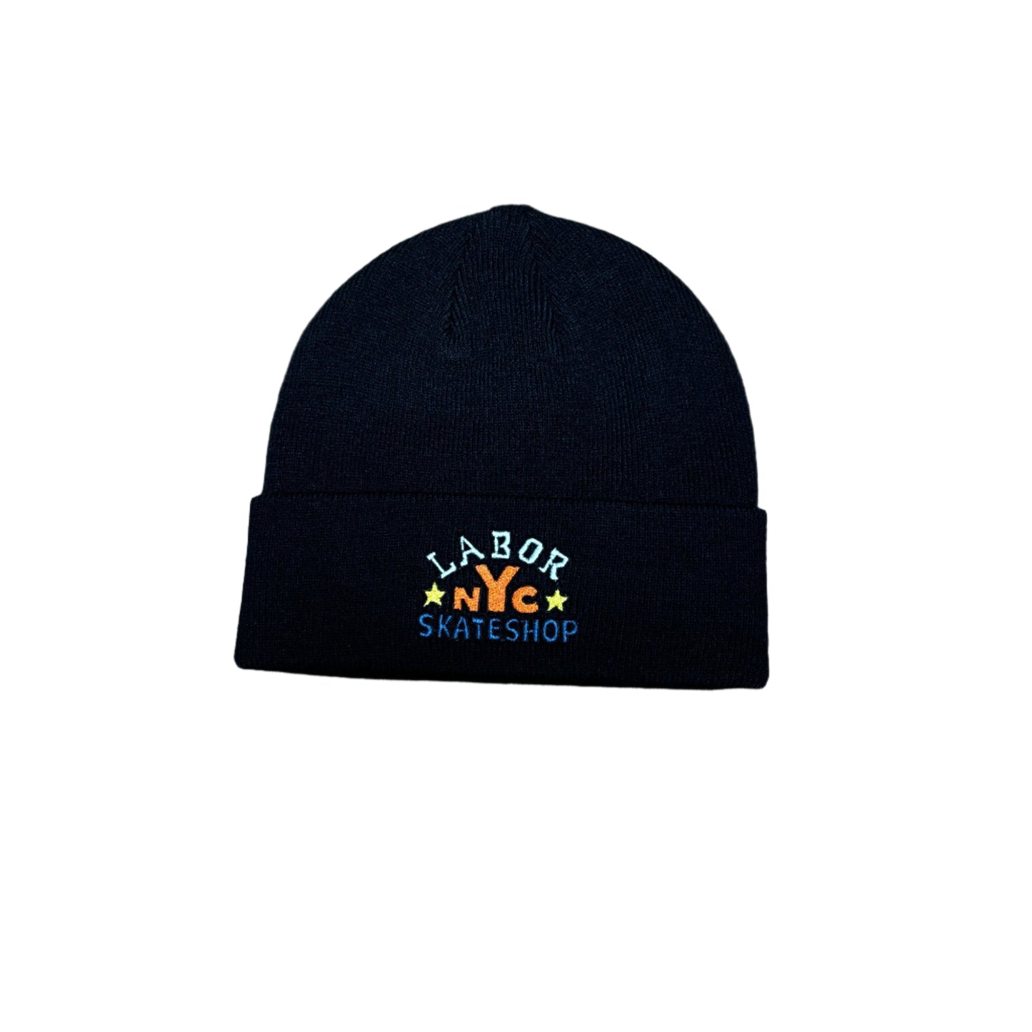 top down view of black acylic beanie with LABOR SKATESHOP NYC embrodered on front of beanie