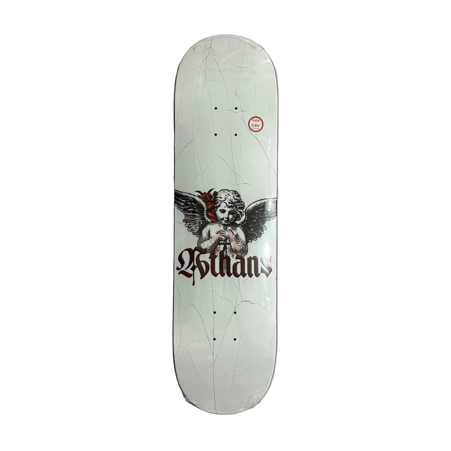 white skateboard deck with angel graphic in center of deck with ATHANS printed below angel, on white background