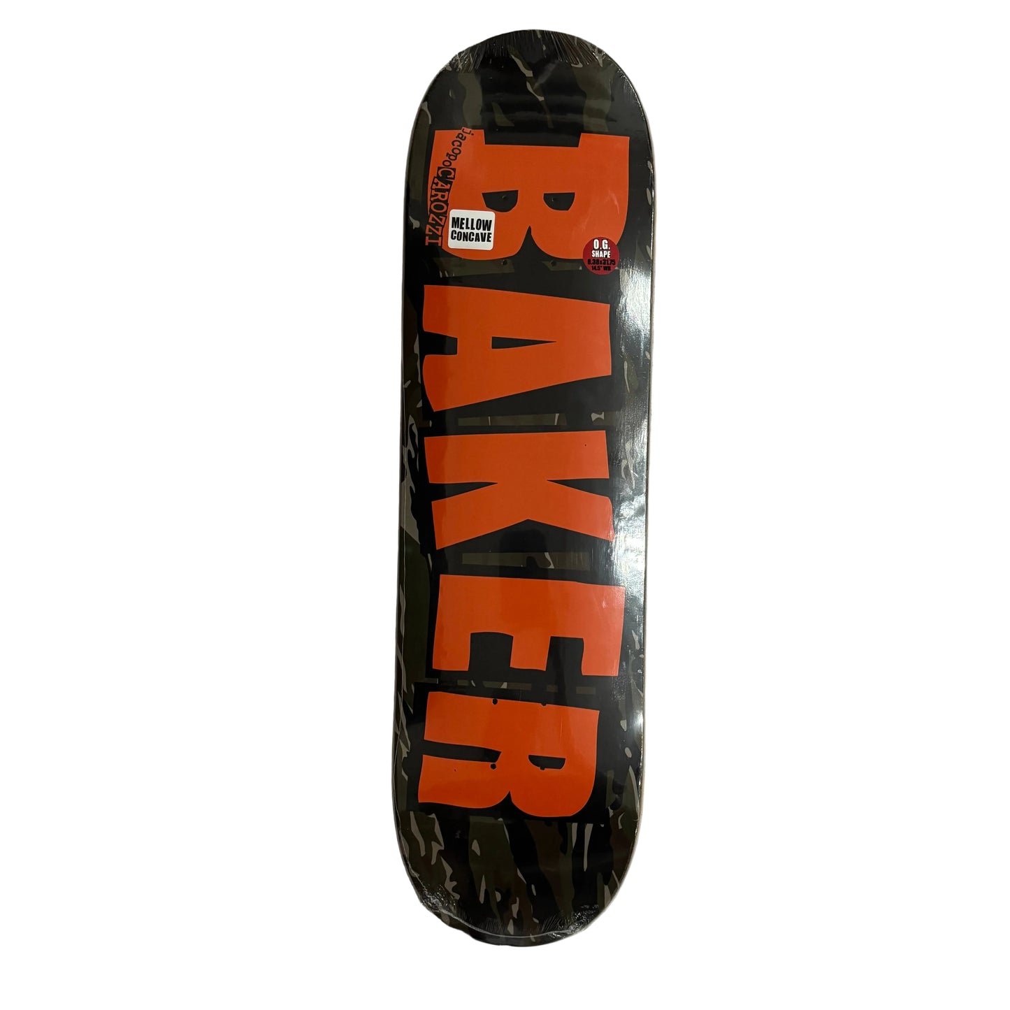 woodland camo BAKER logo skateboard deck on a white background