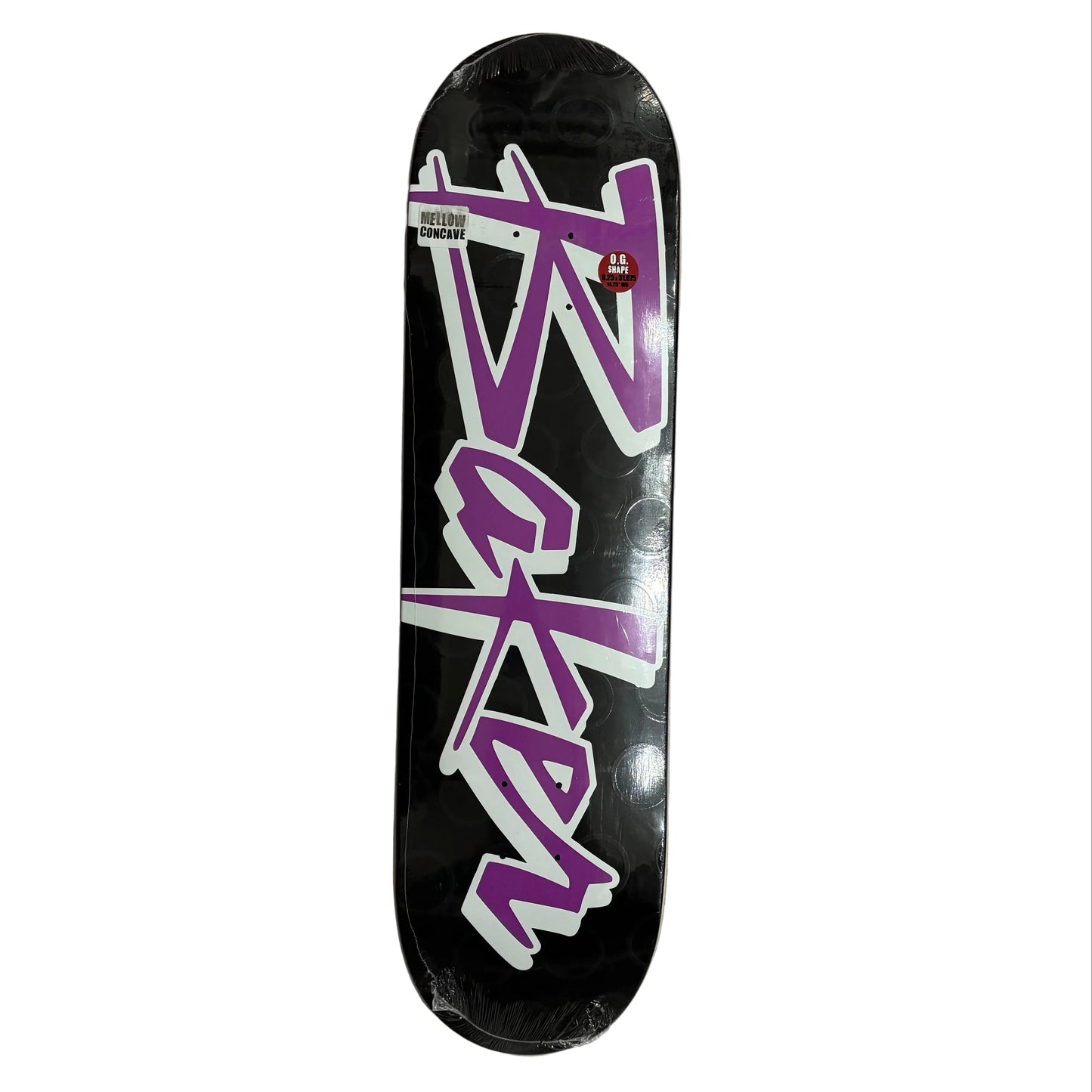 black and purple baker logo skateboard deck on white background