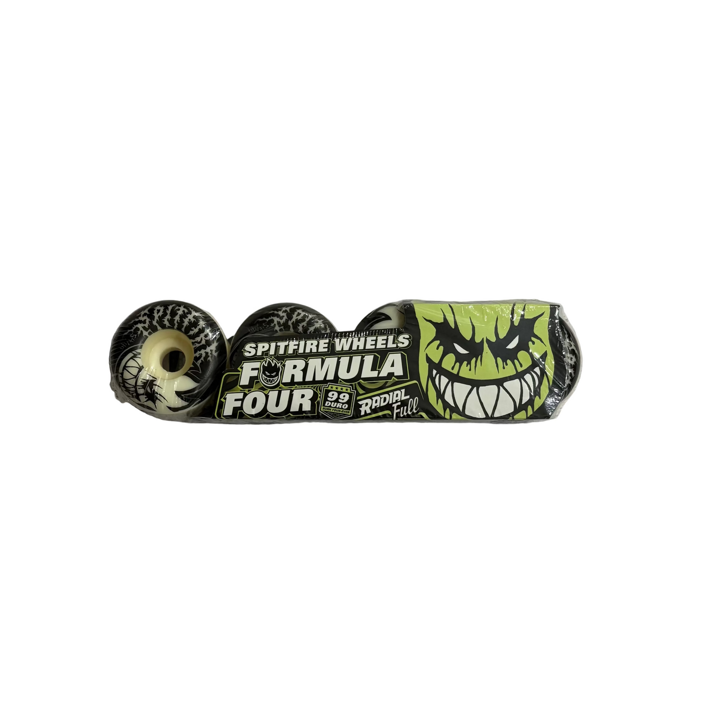spitfire radial full wheel with metal looking graphic, and glow in the dark color