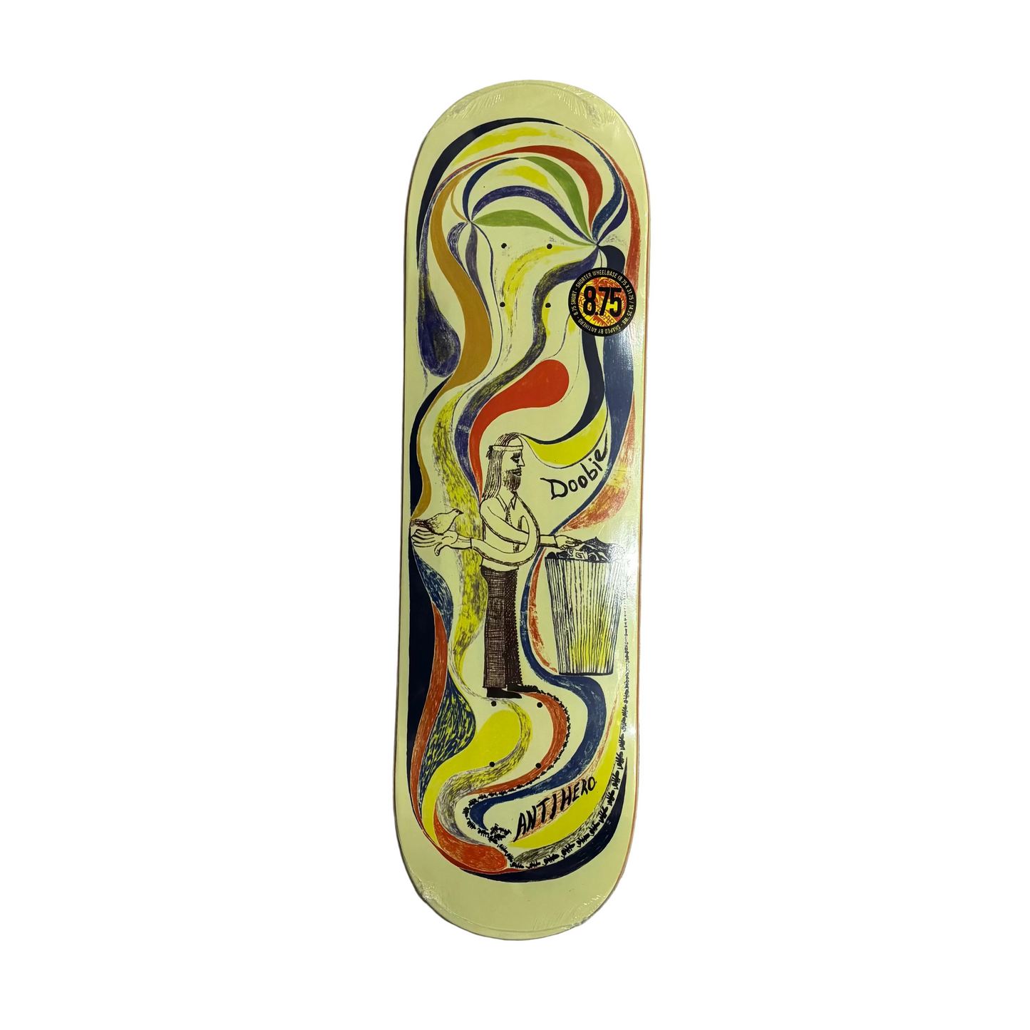 hand drawn graphic on off white skateboard deck with multi color swirls