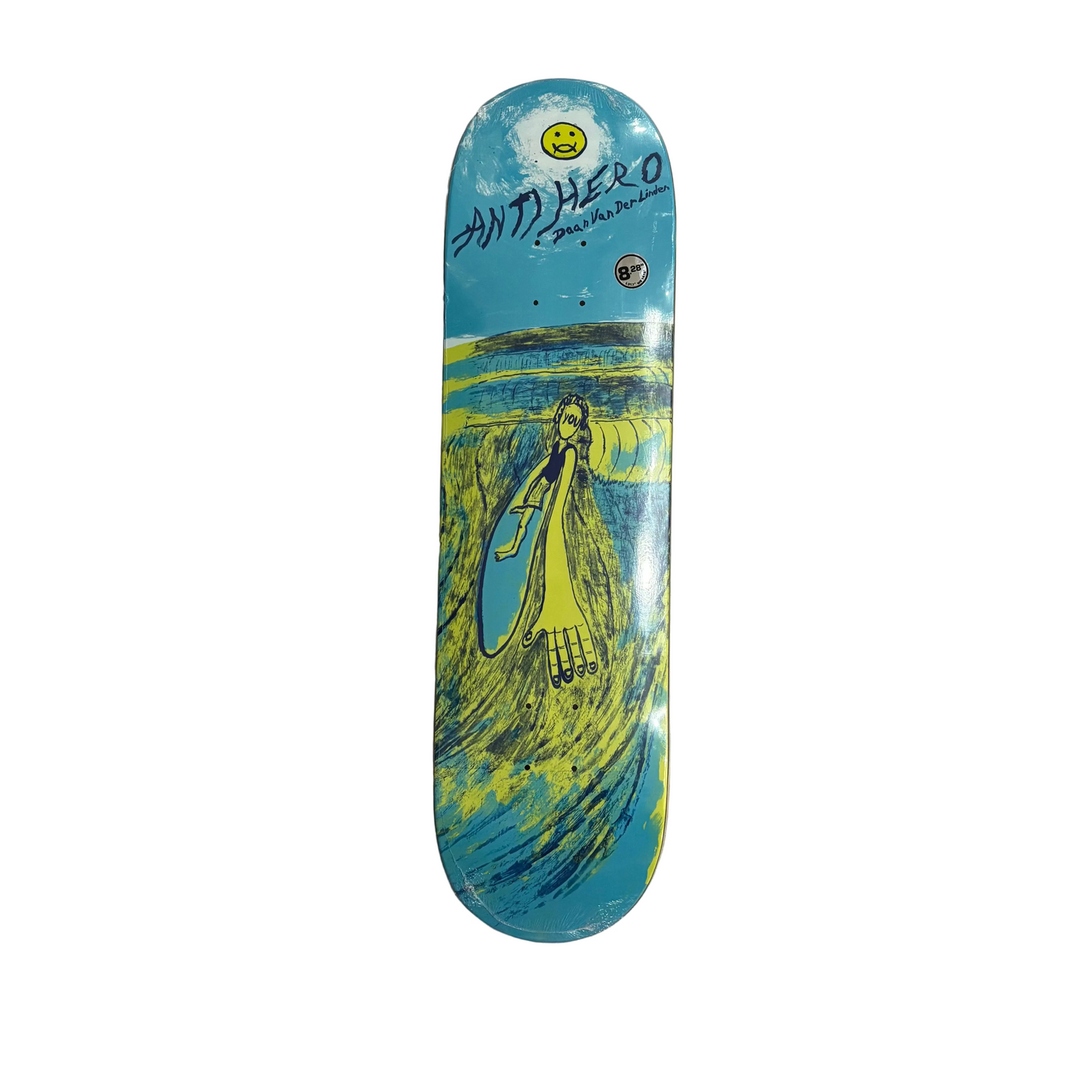 blue and yellow hand drawn style skateboard deck graphic on a white background