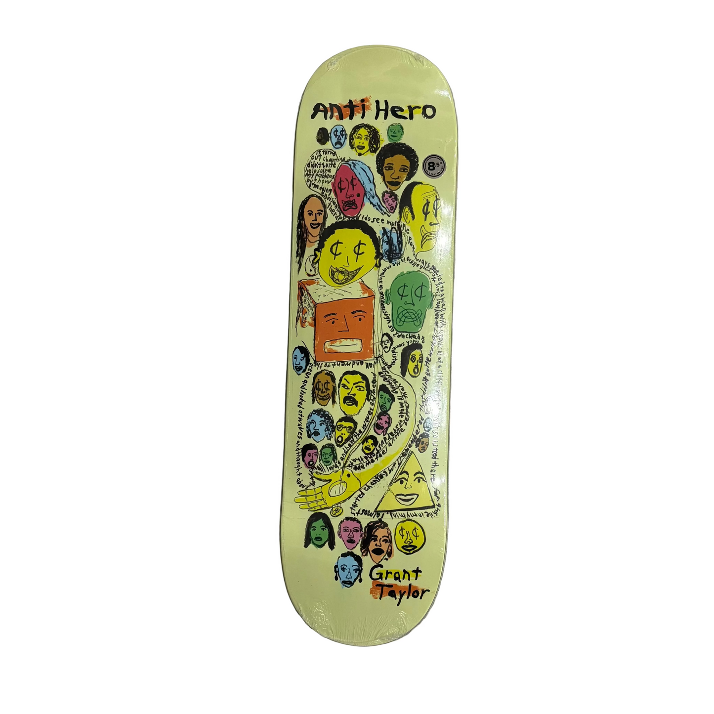 yellow/multi color skateboard deck graphic printed vertically, on white background