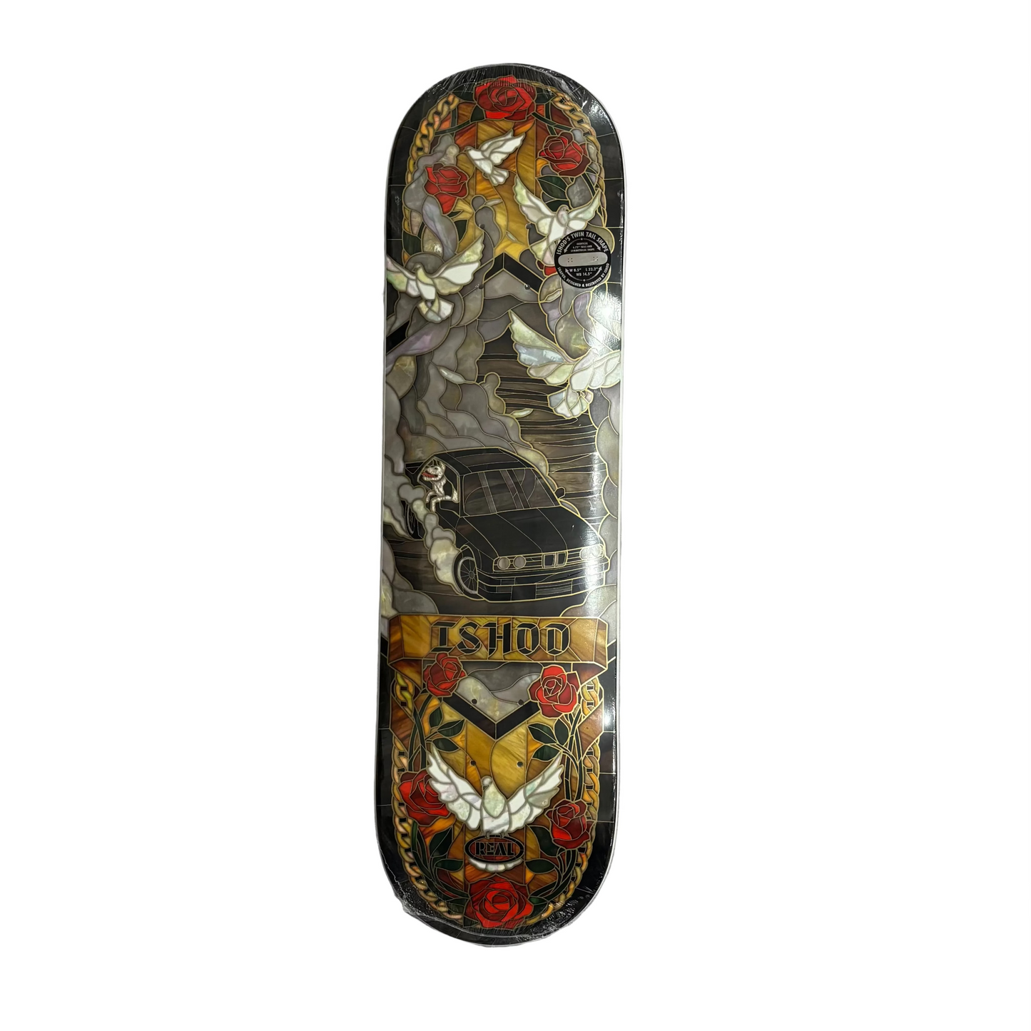 stained glass style skateboard deck graphic with classic BMW esque car in the middle, against a white background