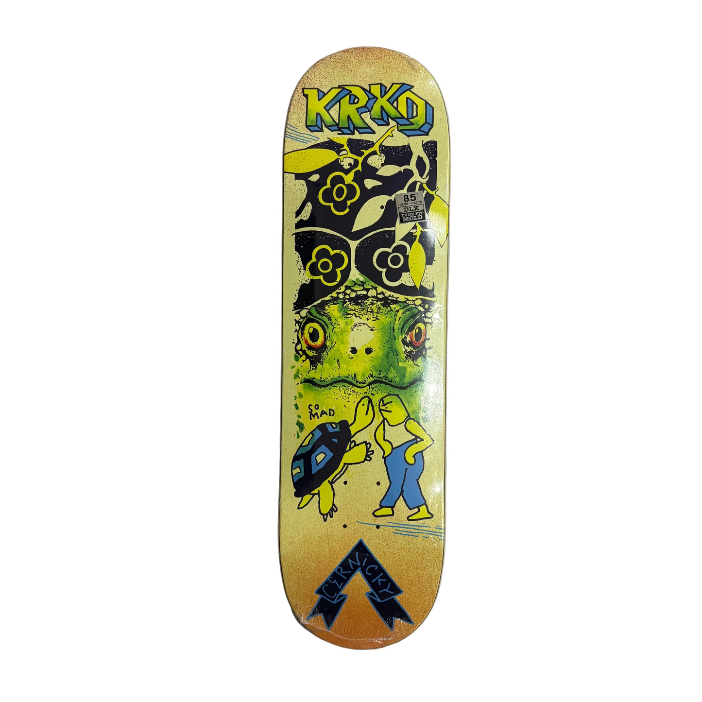Multi colored krooked skateboard deck with mark gonzales artwork of man a turtle, as well as green and yellow patterns, on a white background