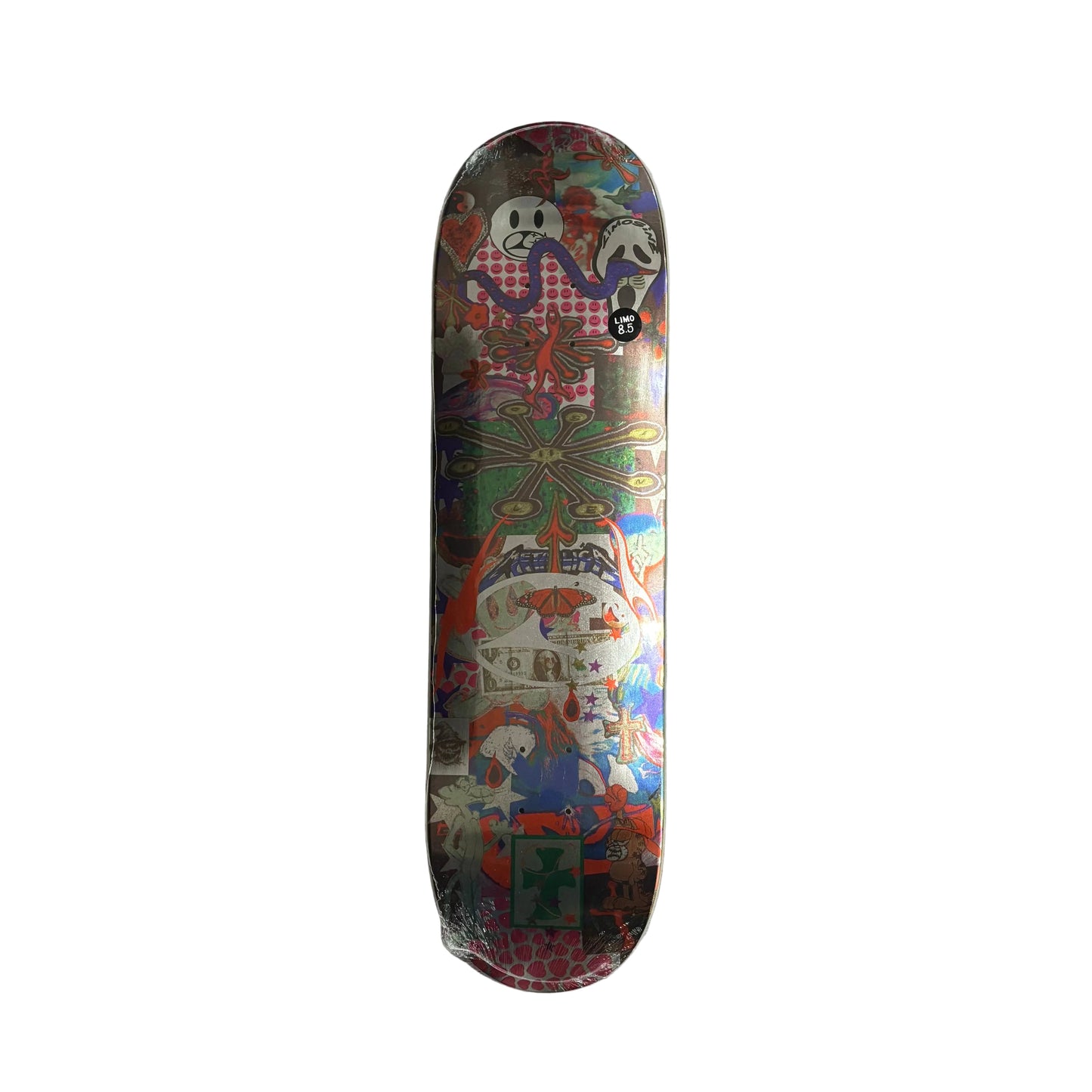 A skateboard deck with a highly detailed, colorful metallic graphic collage design featuring cartoon characters and abstract patterns, resting on a white background