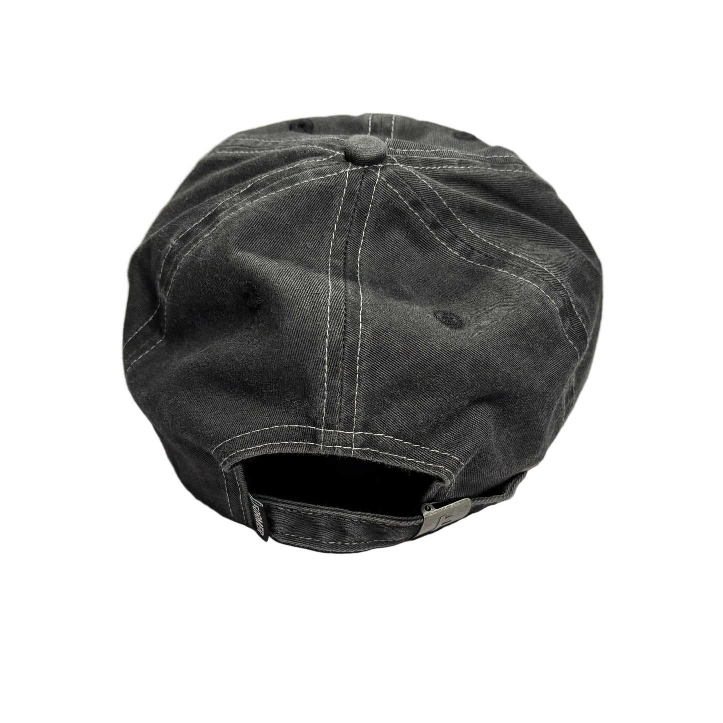 A dark gray washed canvas baseball cap viewed from the back, resting on a white background