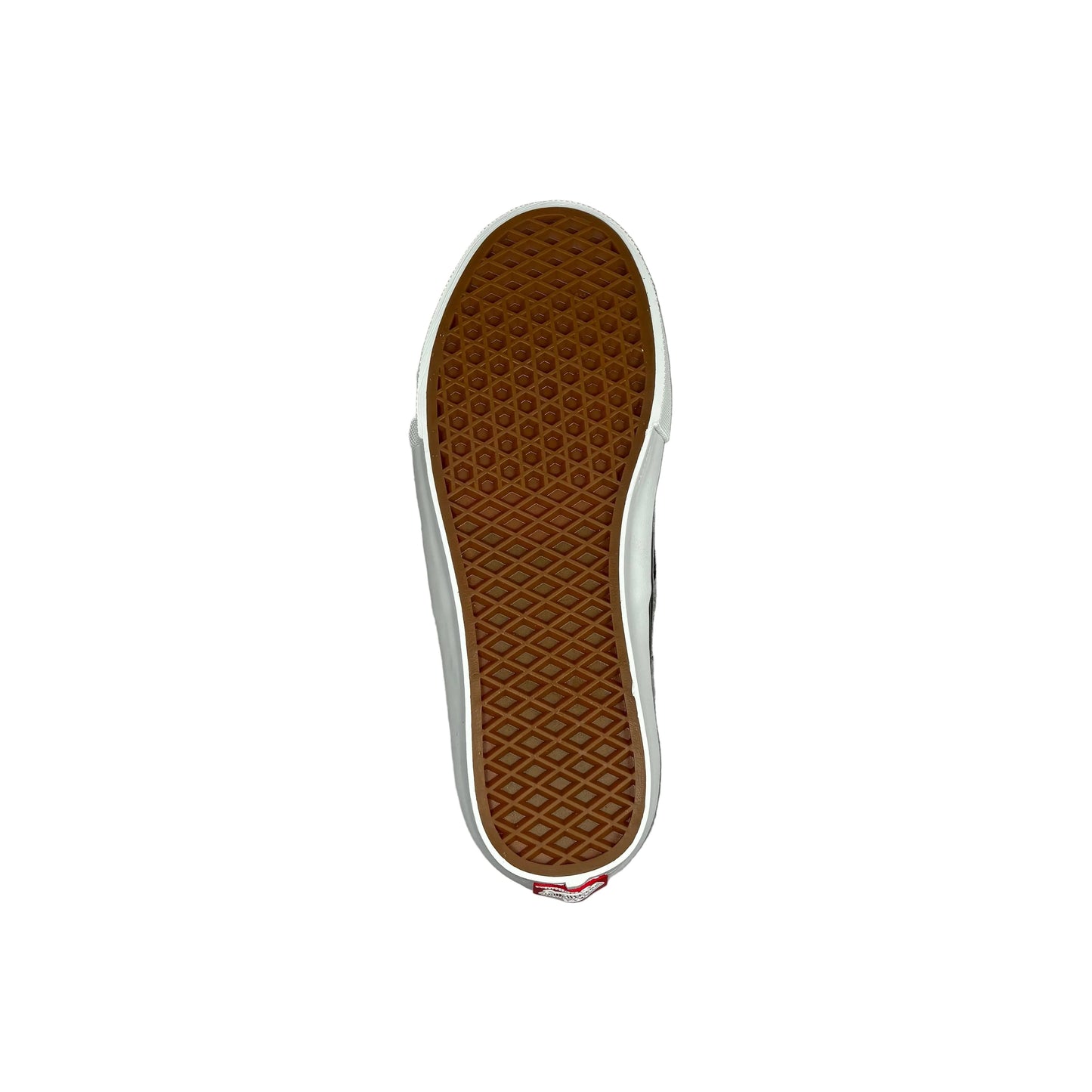 A top-down view of a vans shoe showing its brown textured rubber sole, set against a white background.