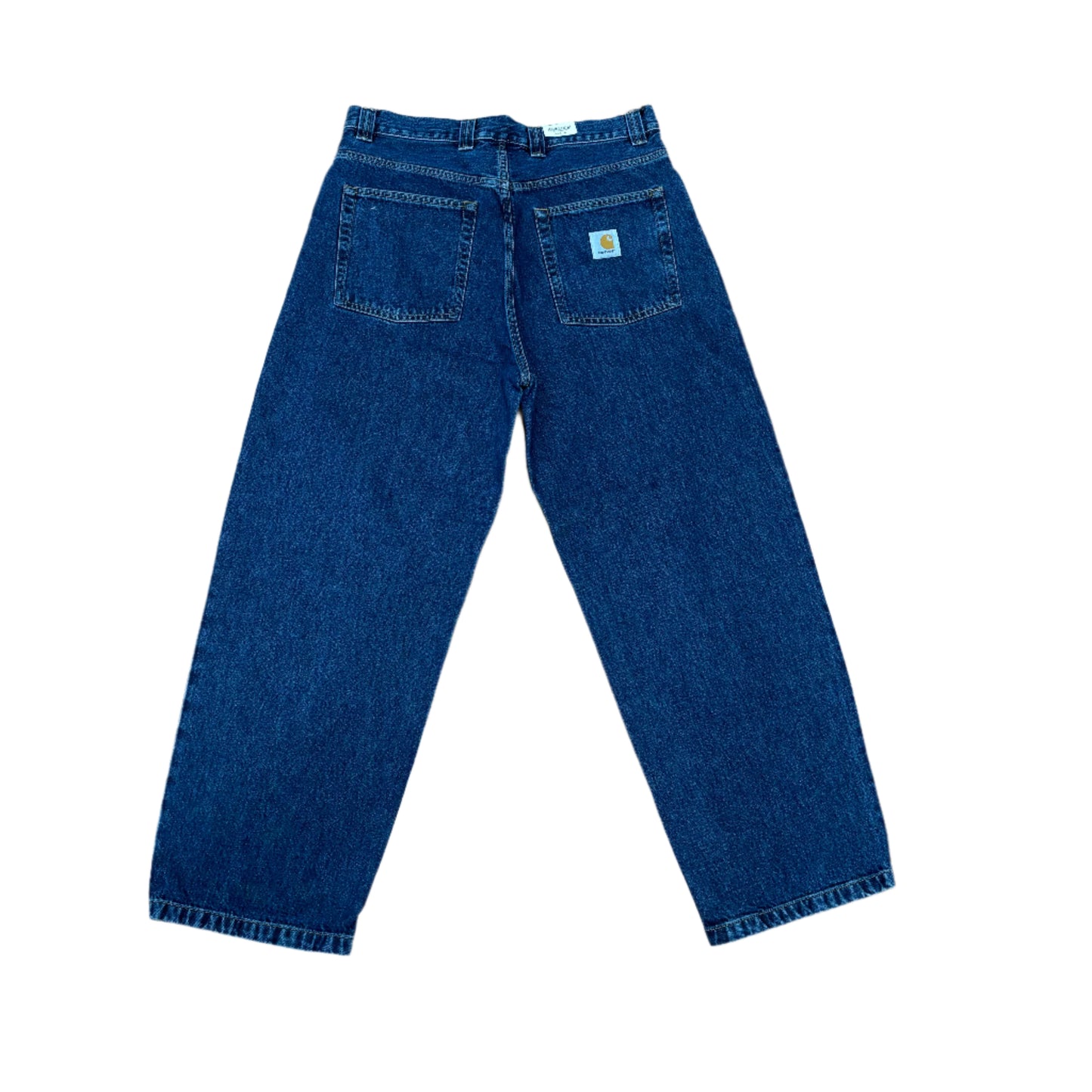 rear view of baggy washed denim pants