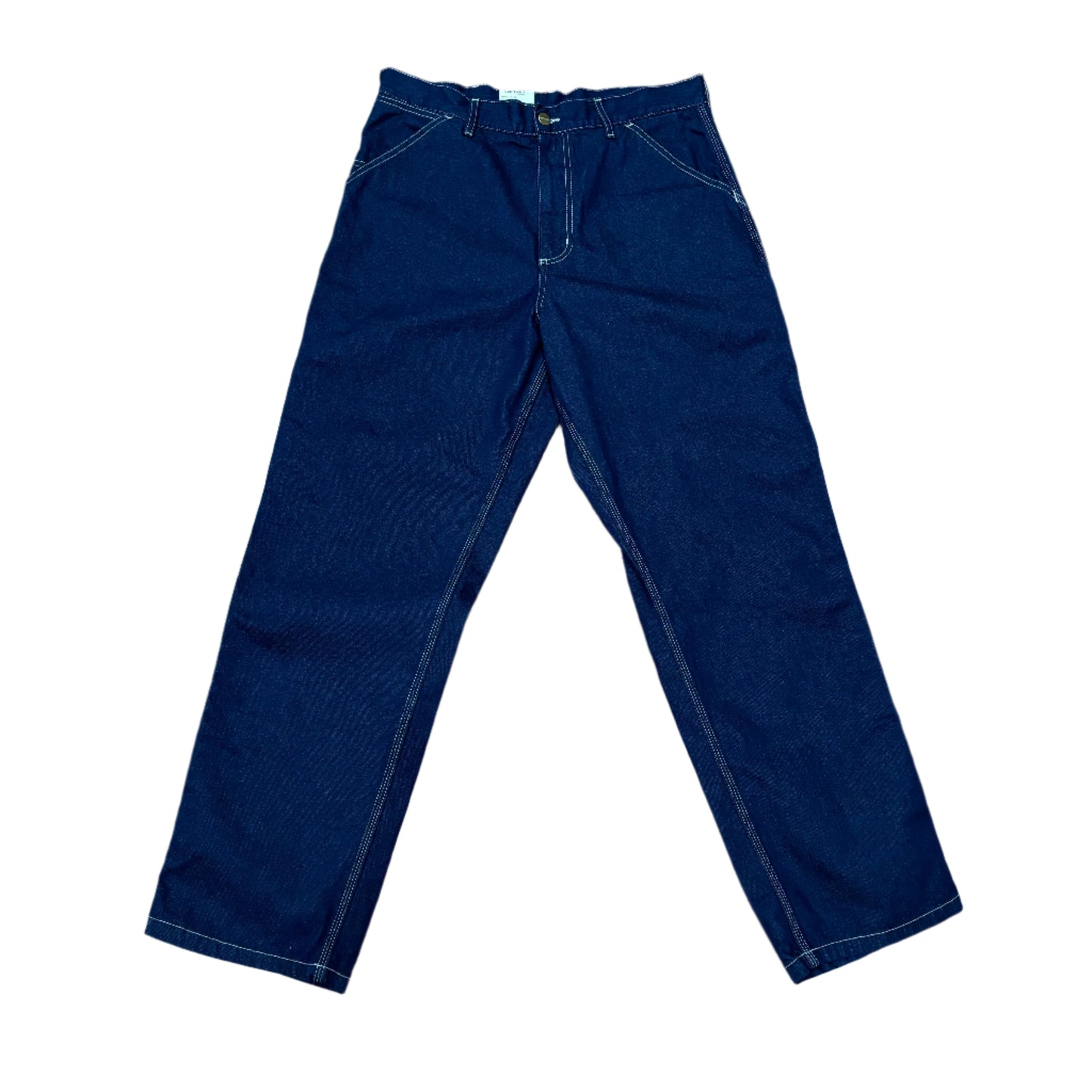 Front view of dark blue denim single knee pant from carhartt WIP