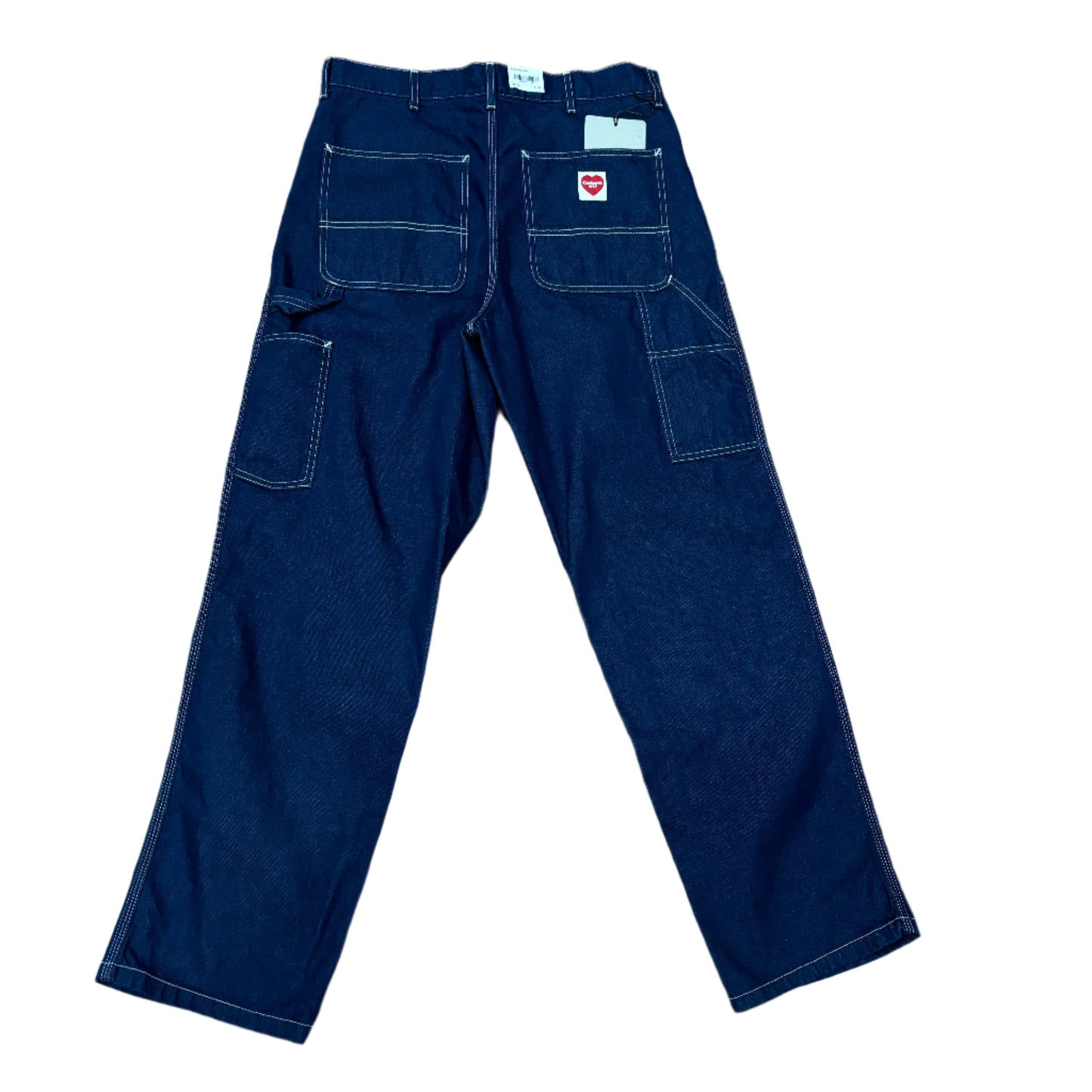 Rear view of washed blue denim single knee pant