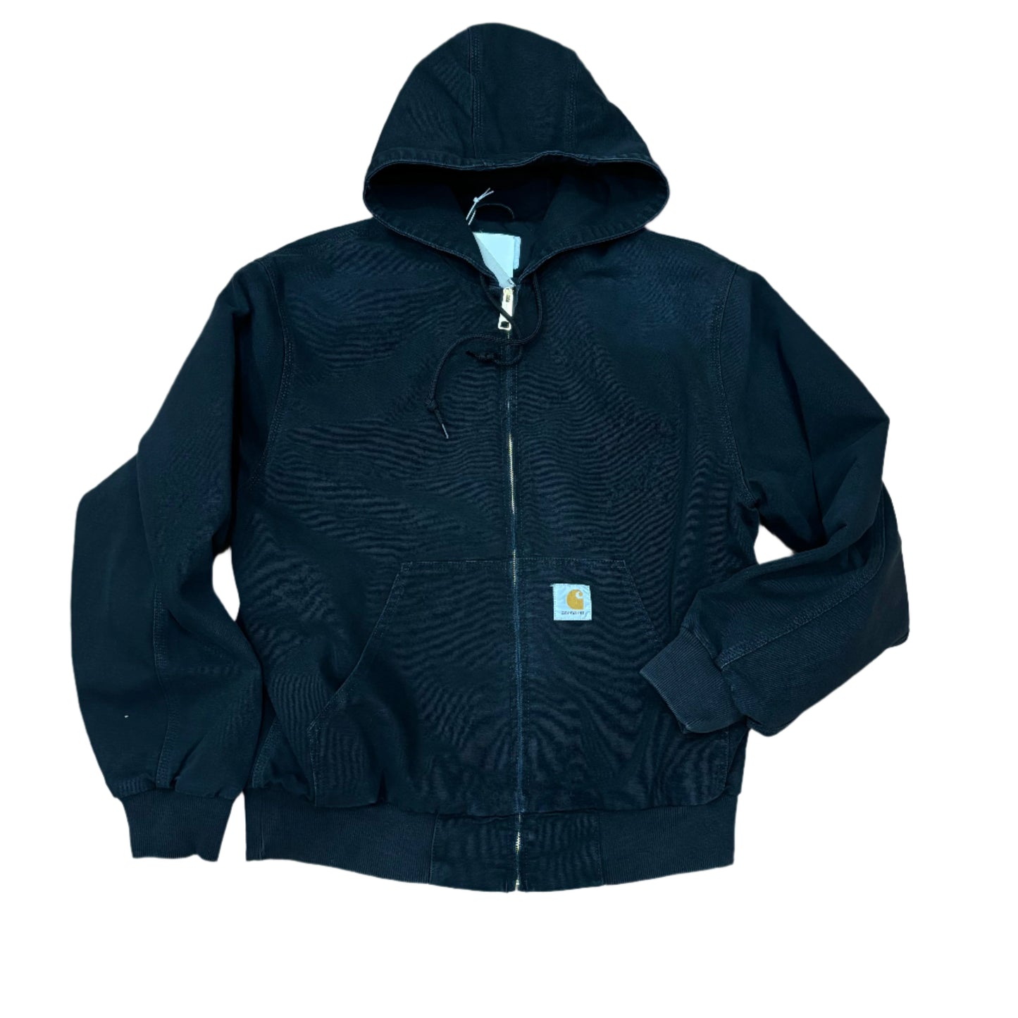 front view of black hooded zip jacket from Carhartt WIP, washed canvas