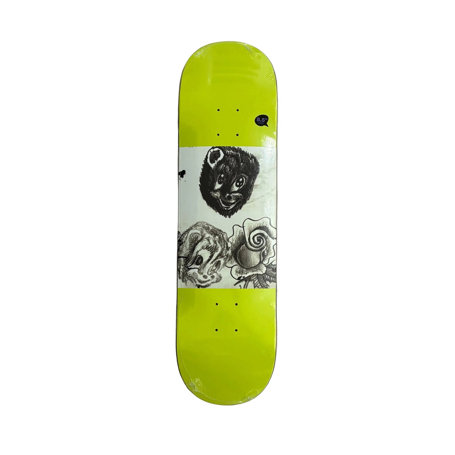 A skateboard deck with a bright neon yellow-green background and a central white graphic panel featuring black hand-drawn illustrations of a bear face and roses, photographed from above on a white surface.