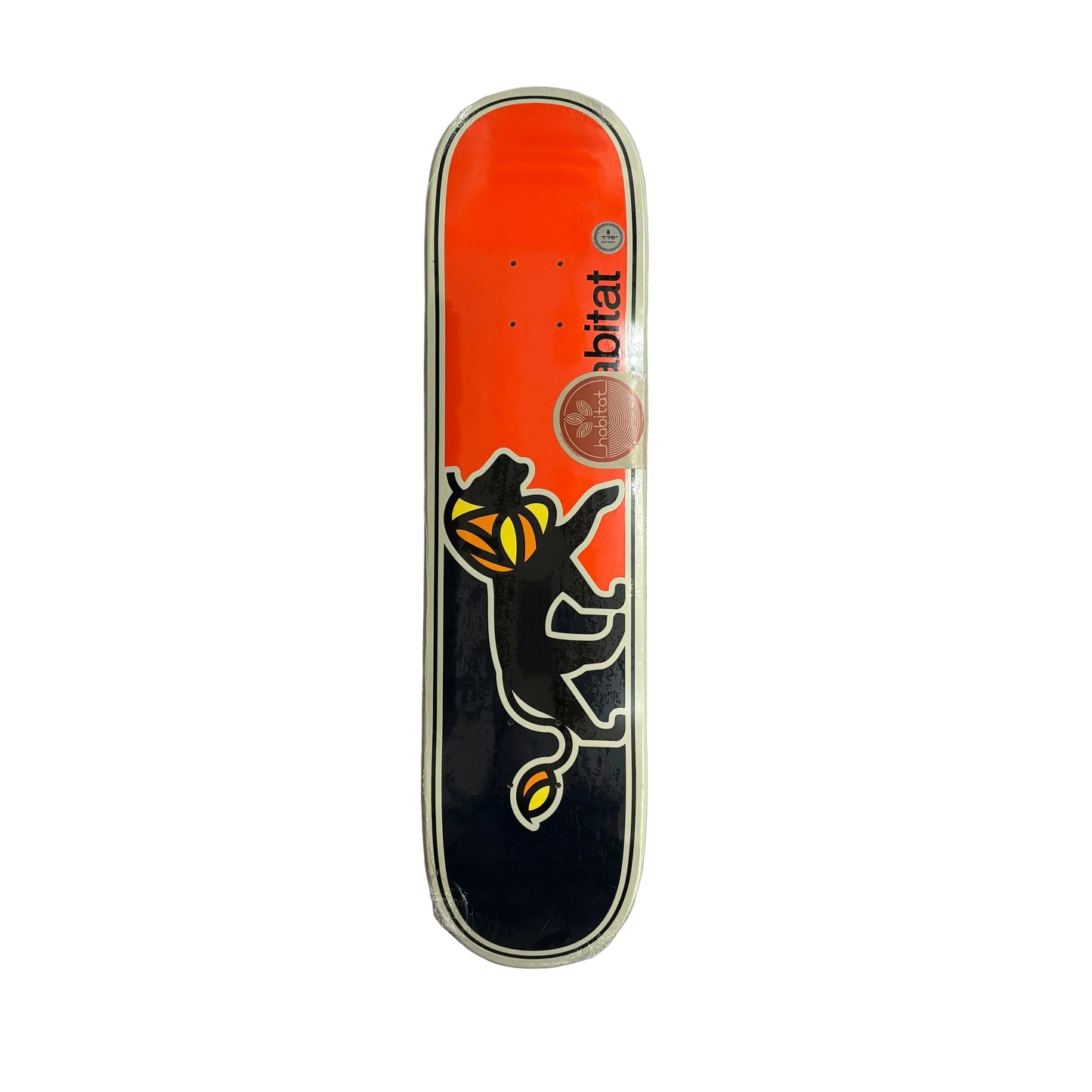 A skateboard deck featuring a vibrant orange and black split design with a black lion, displayed on a white background.