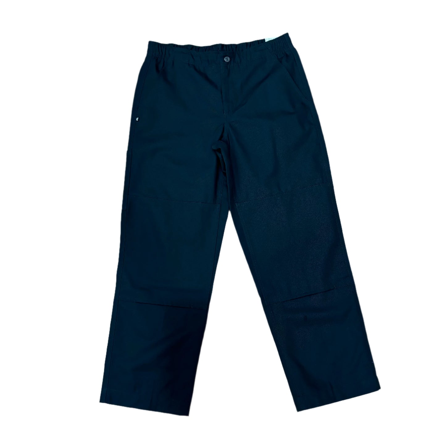 front view of black elastic waist double knee paint with waist band button