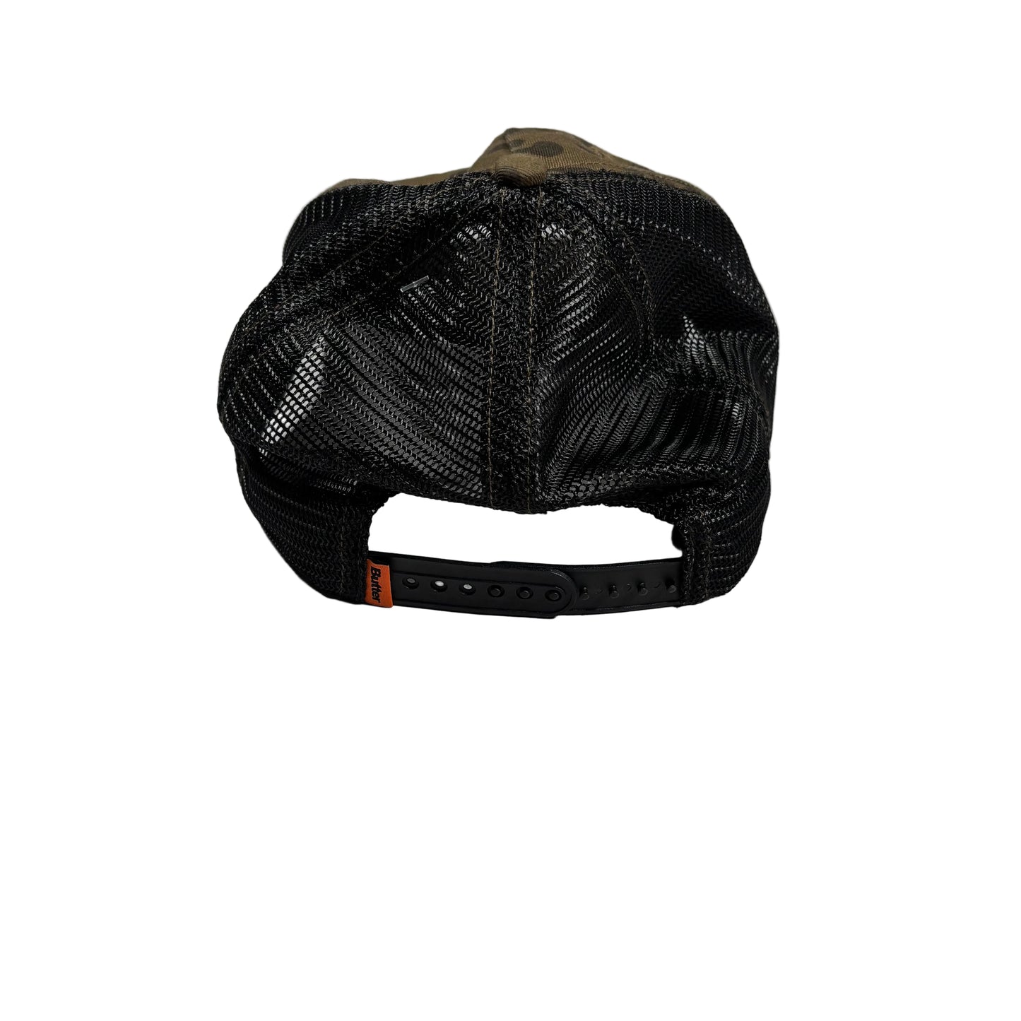 A black mesh-back trucker cap viewed from the back, featuring a brown fabric crown panel and a black adjustable snapback strap with an orange brand tab. Photographed on a white surface.
