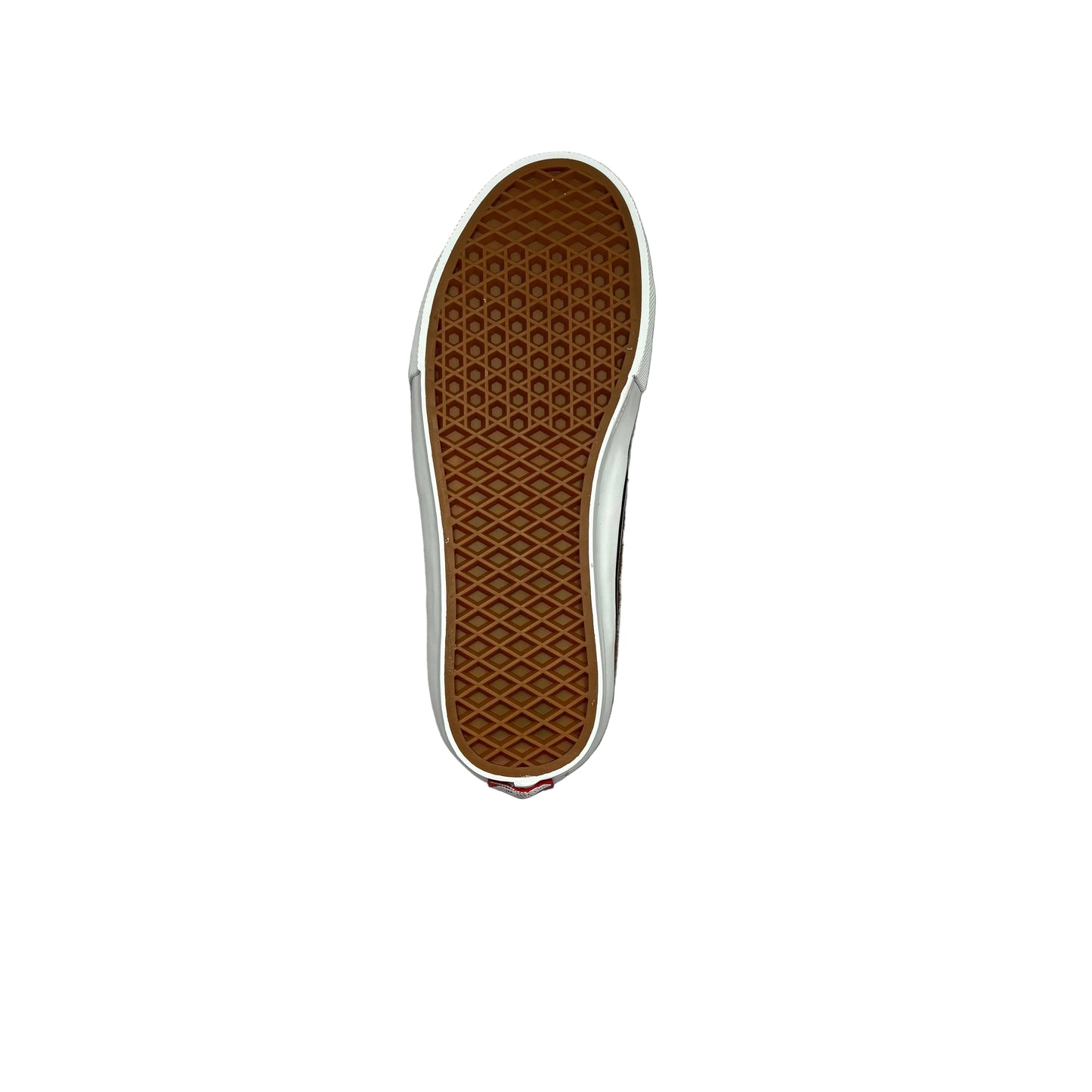A single Vans shoe shown from a top-down view, highlighting the brown waffle-patterned rubber outsole and white side profile, set against a white background.