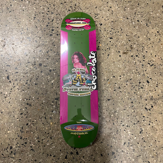 lady on pink and green skate deck