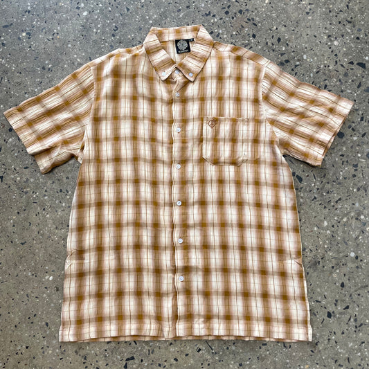 golden brown plaid button down shirt, front view