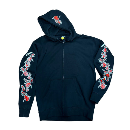 Overview of zip hoodie with fire ants screened on the sleeves and hood