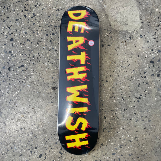 Yellow deathwish logo on black skate deck