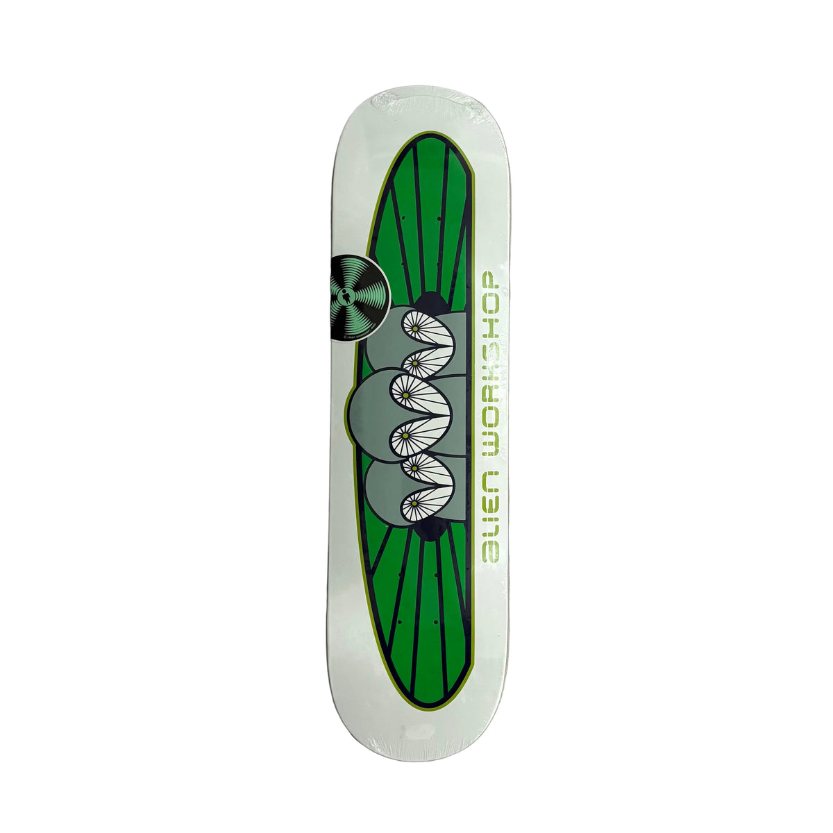 A skateboard deck with a white border and a green alien-themed graphic featuring a coiled snake and the text 'ALIEN WORKSHOP', photographed from above on a white surface.