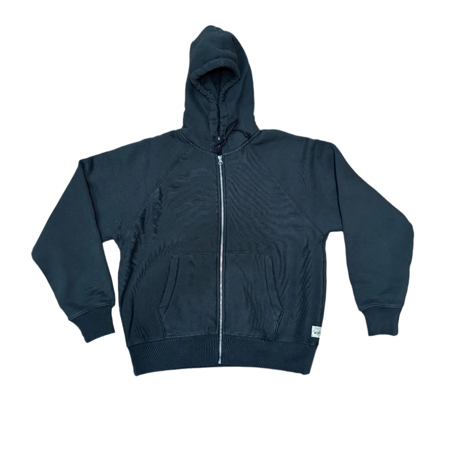front view of zipped upBlack raglan sleeve zip hoodie