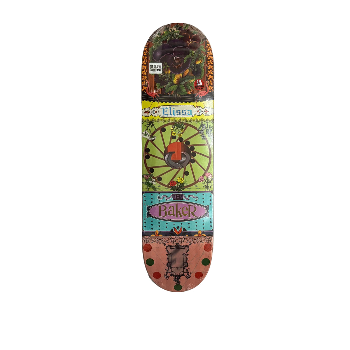 A skateboard deck featuring a highly colorful, psychedelic graphic design with the names 'Elissa' and 'Baker' printed on it, displayed vertically against a white background.