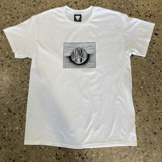 black and white limosine ball logo on center chest of white t-shirt