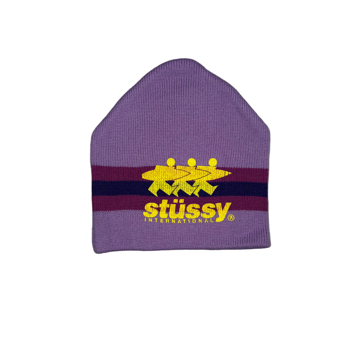 A light purple beanie with dark purple horizontal stripes and yellow Stussy logo. Displayed on a white surface.