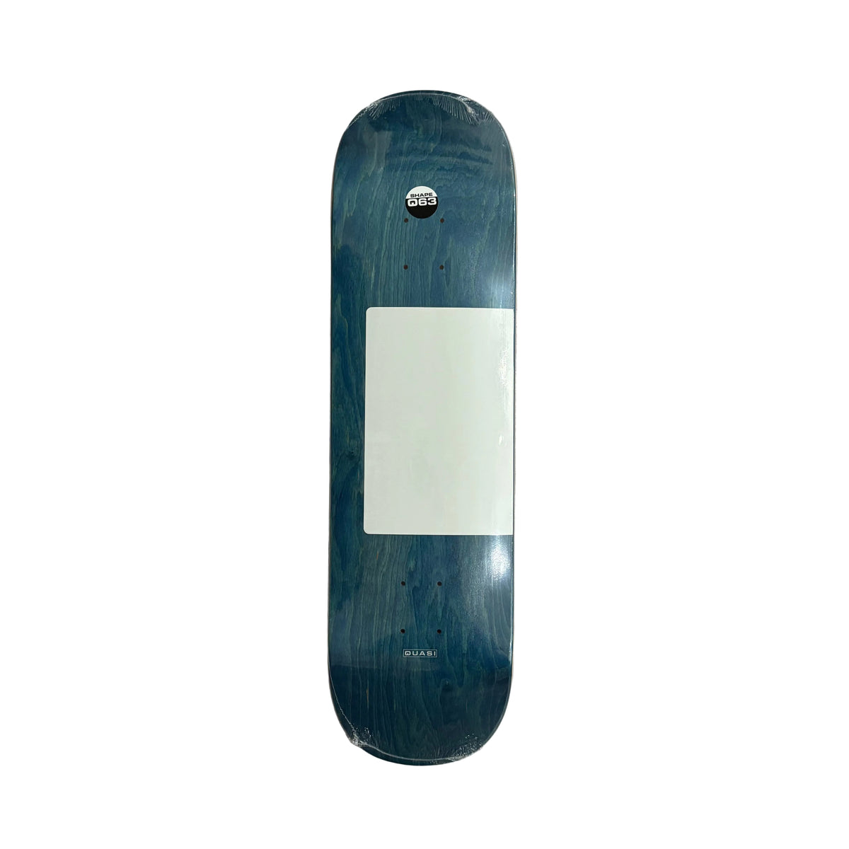 A skateboard deck with a dark blue wood-grain finish and a white square graphic in the center, displayed flat against a white background.