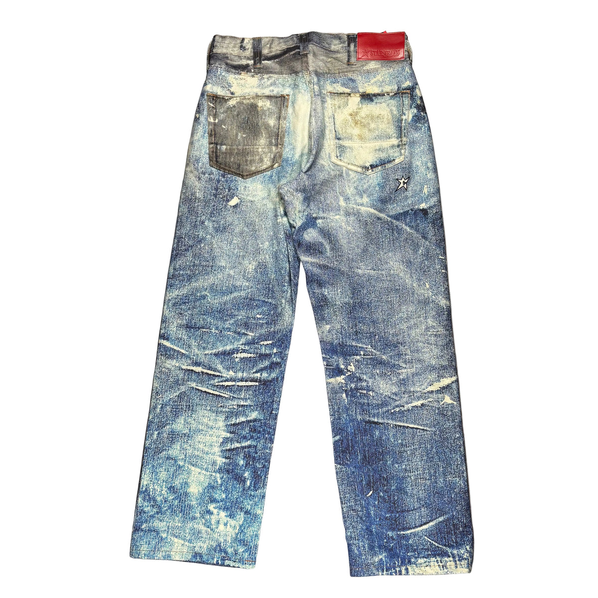 A back view of distressed blue denim jeans, displayed flat on a white surface.
