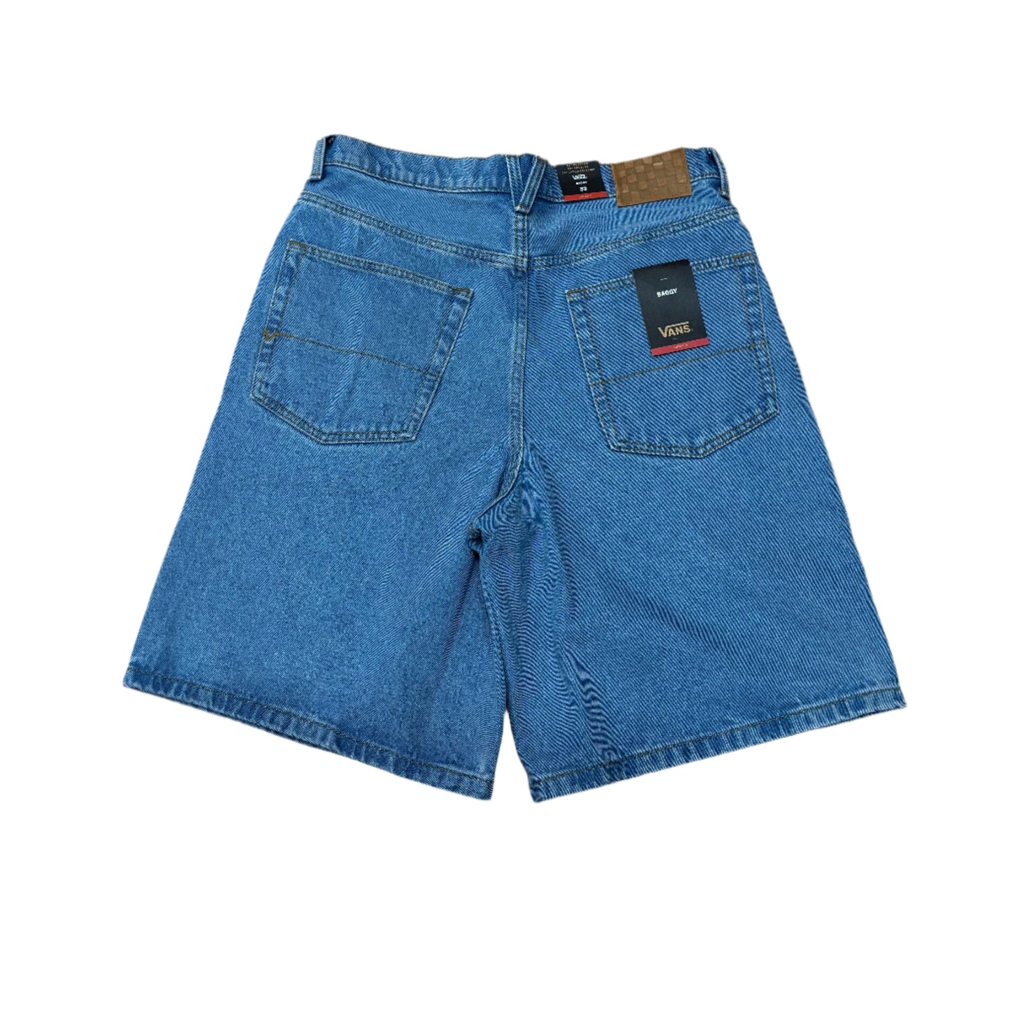 Rear view of light blue baggy denim shorts