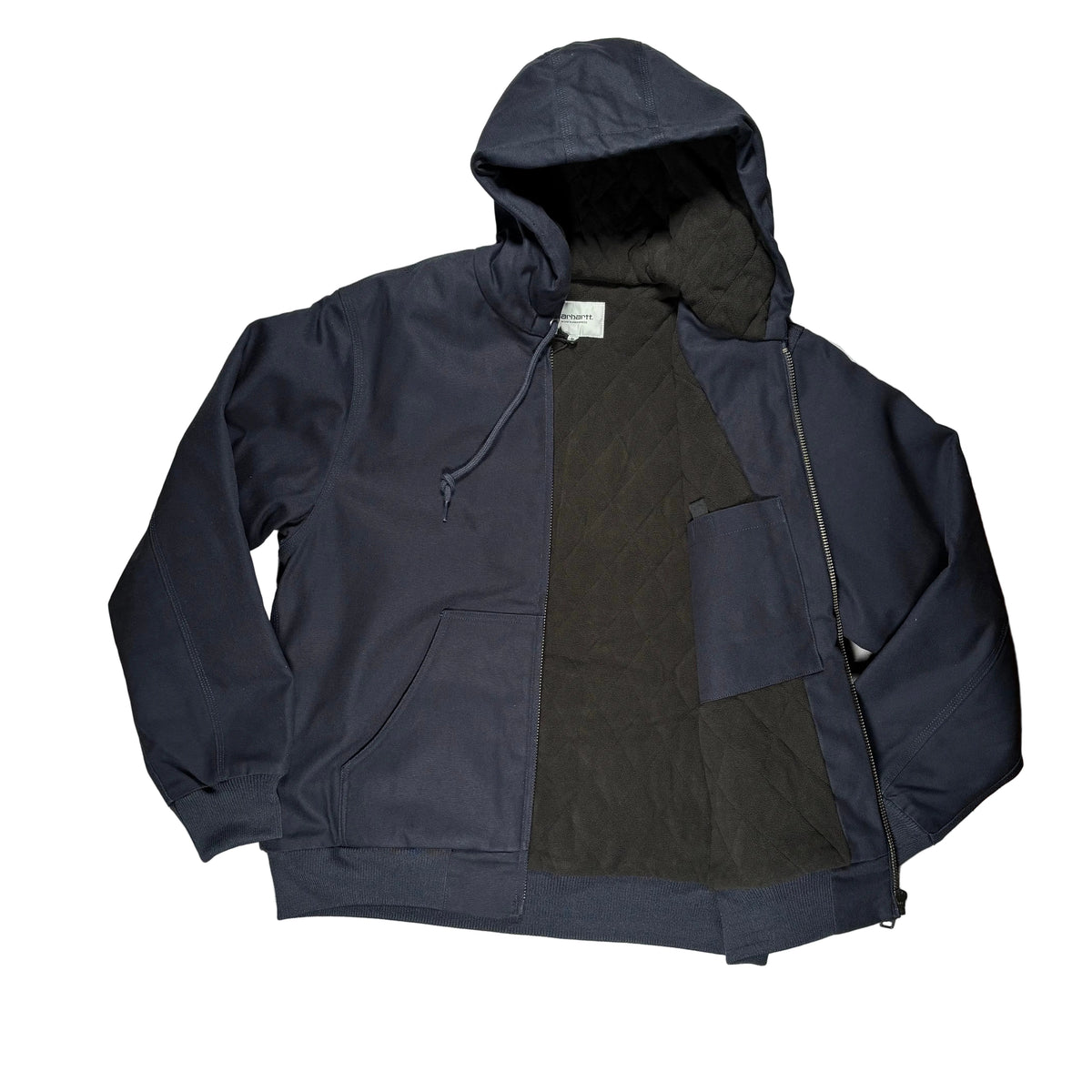 A navy blue hooded jacket, shown un zipped with black lining, laid flat on a white surface.