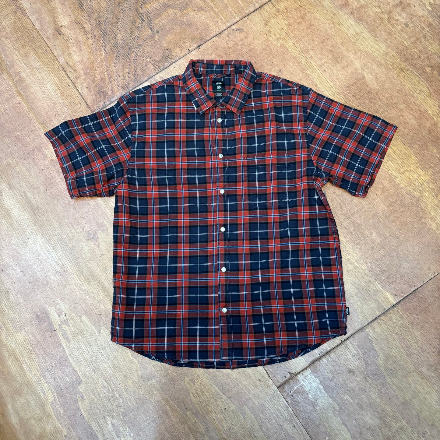 Red and blue short sleeve plaid button down shirt