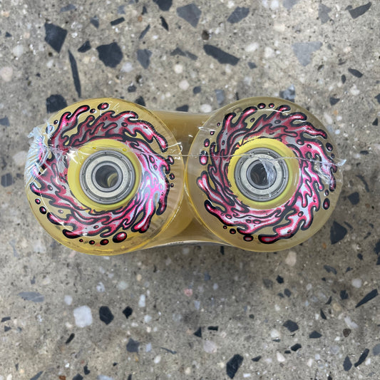 yellow wheels with pink, white, black design, top view