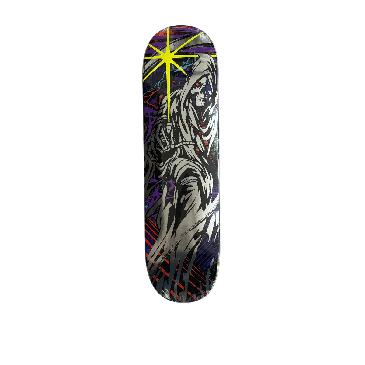 A skateboard deck featuring a detailed graphic illustration of a hooded figure in black, white, and gray, with a bright yellow starburst at the top and purple and red accents, displayed on a white surface.