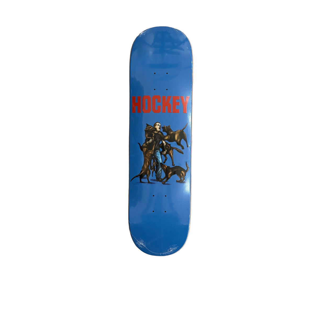 A blue skateboard deck with a red 'HOCKEY' graphic and a central illustration of a man with dogs, displayed vertically on a white surface.
