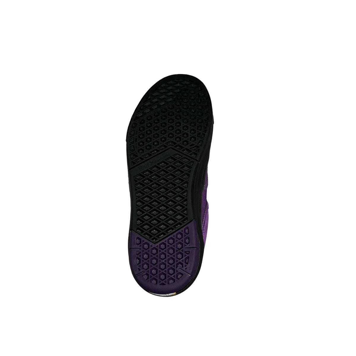 A top-down view of a shoe's black outsole with a purple heel accent, set against a white background.