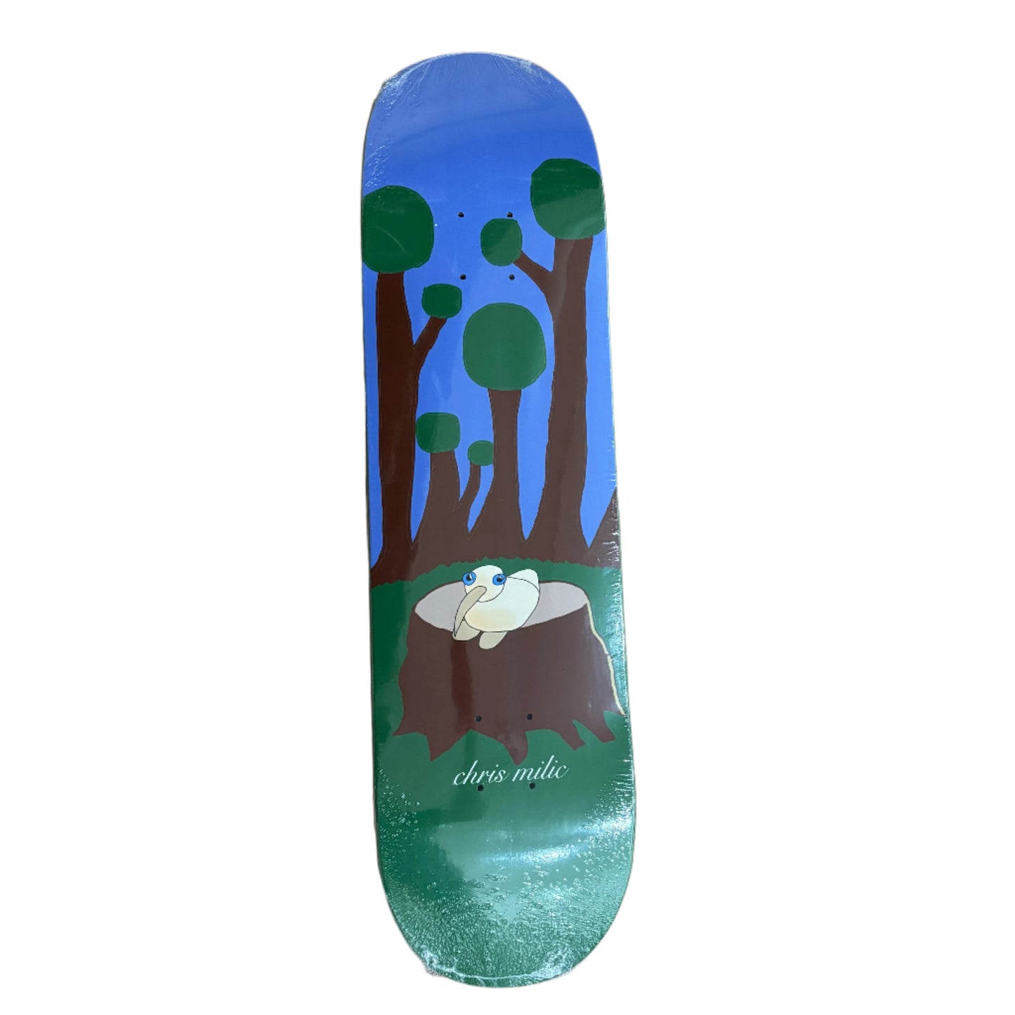 crudely drawn tree trunks with cut down forest with bird