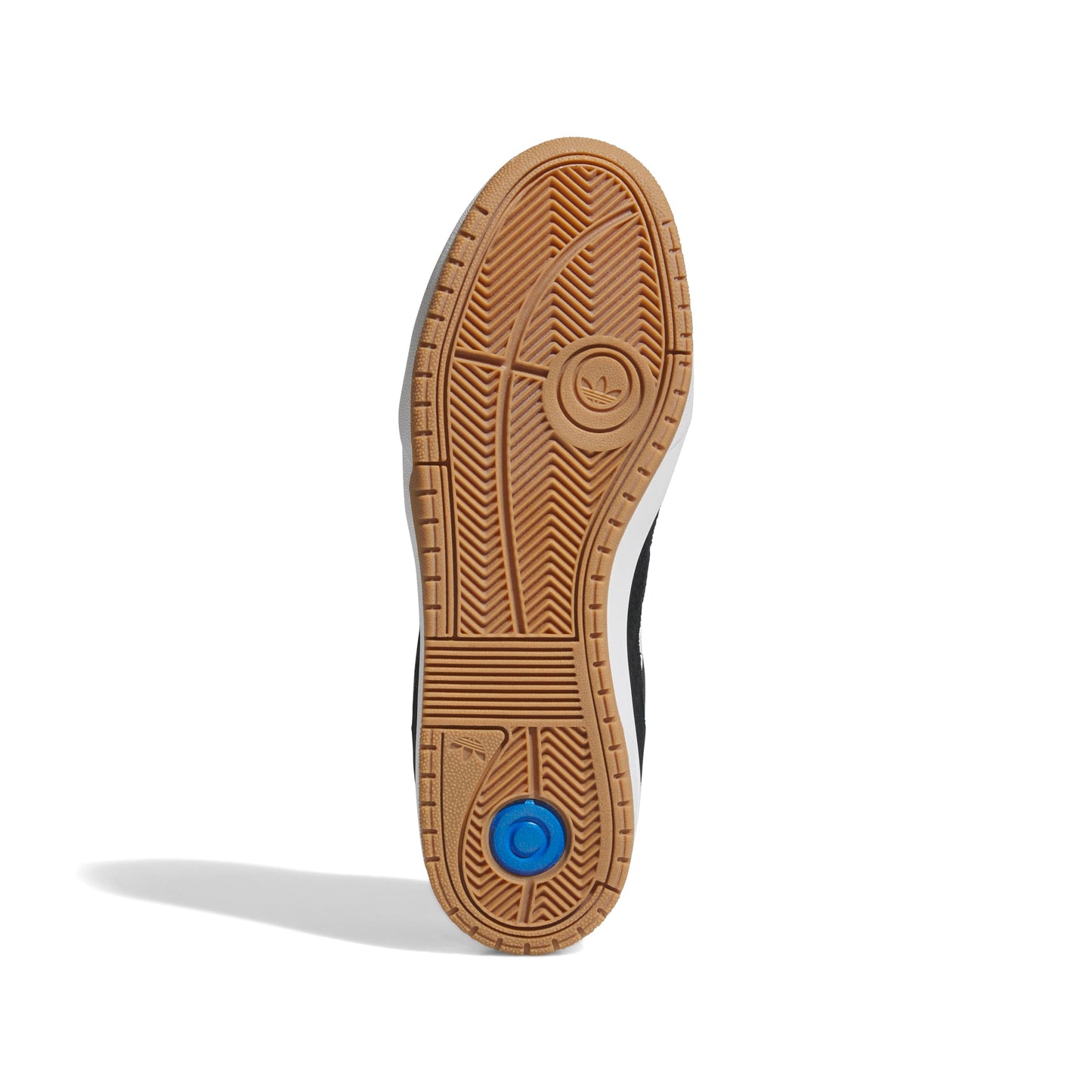 view of gum rubber outsole with blue impact absorber