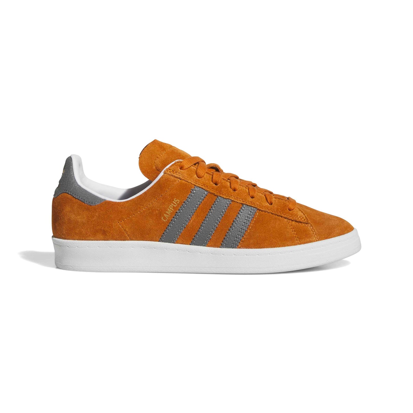 Brown Adidas sneaker with gray stripes on a white background
