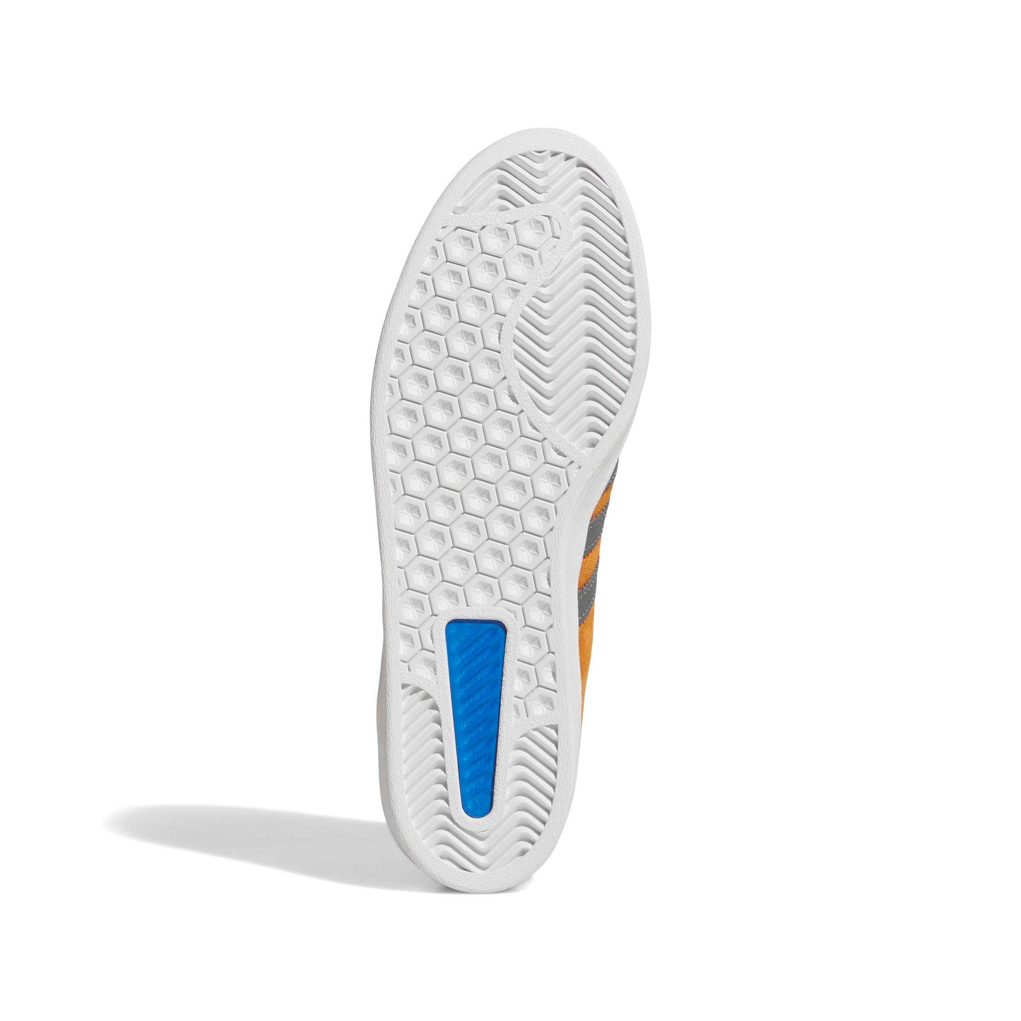 Close-up of a shoe sole with a blue accent on a white background
