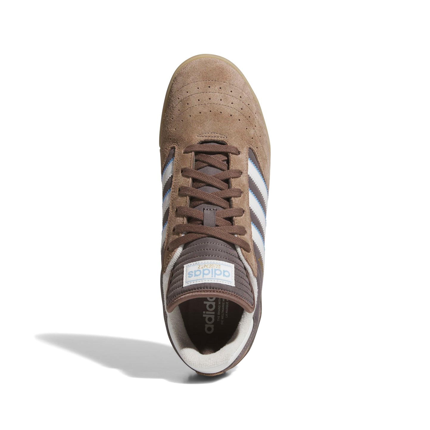 Brown Adidas sneaker with white stripes on a white background