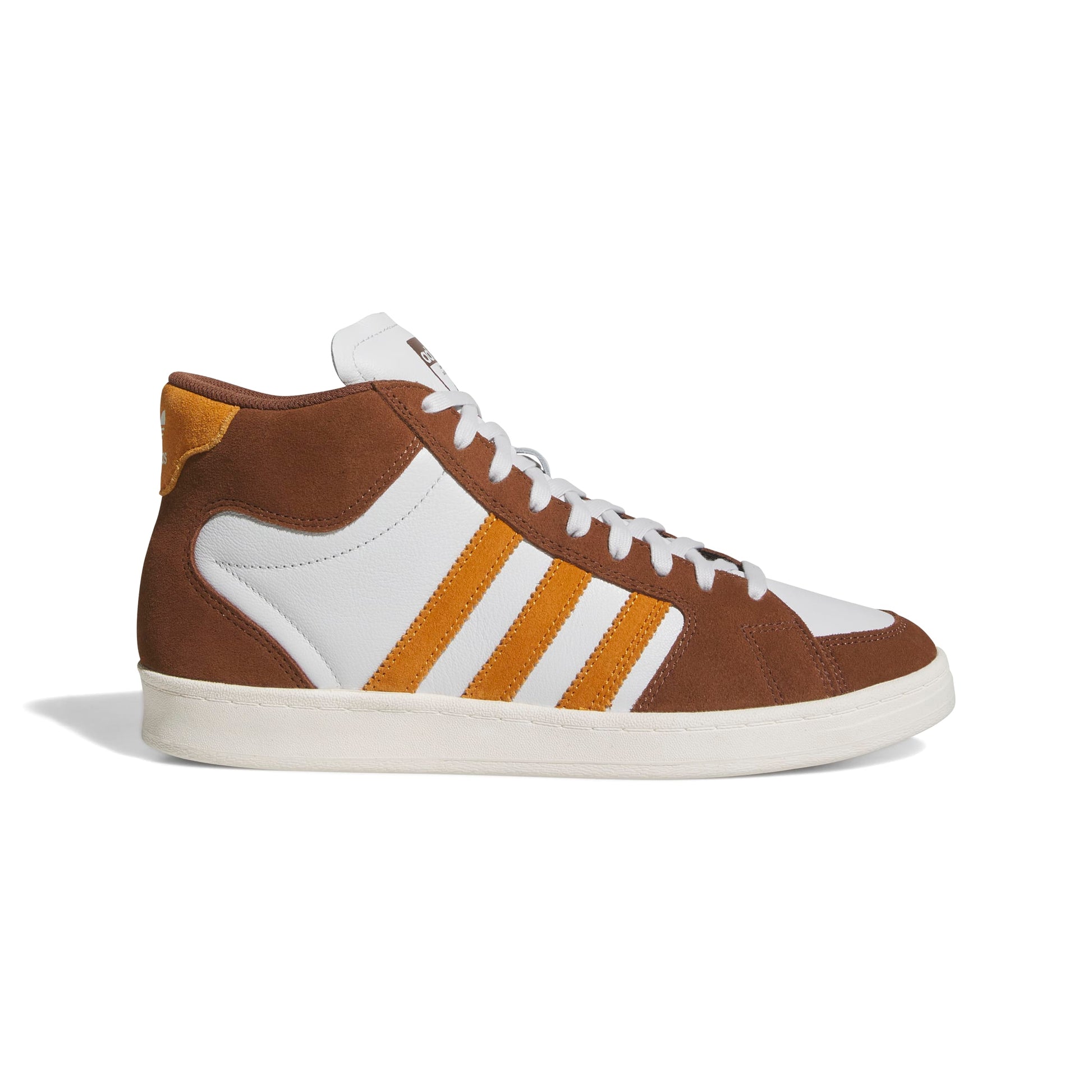 Brown and white sneaker with Adidas stripes on a white background