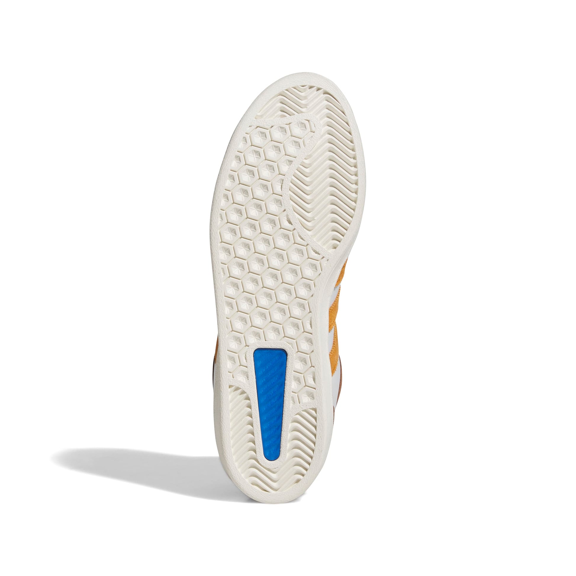 Close-up of a sneaker sole with a blue accent on a white background