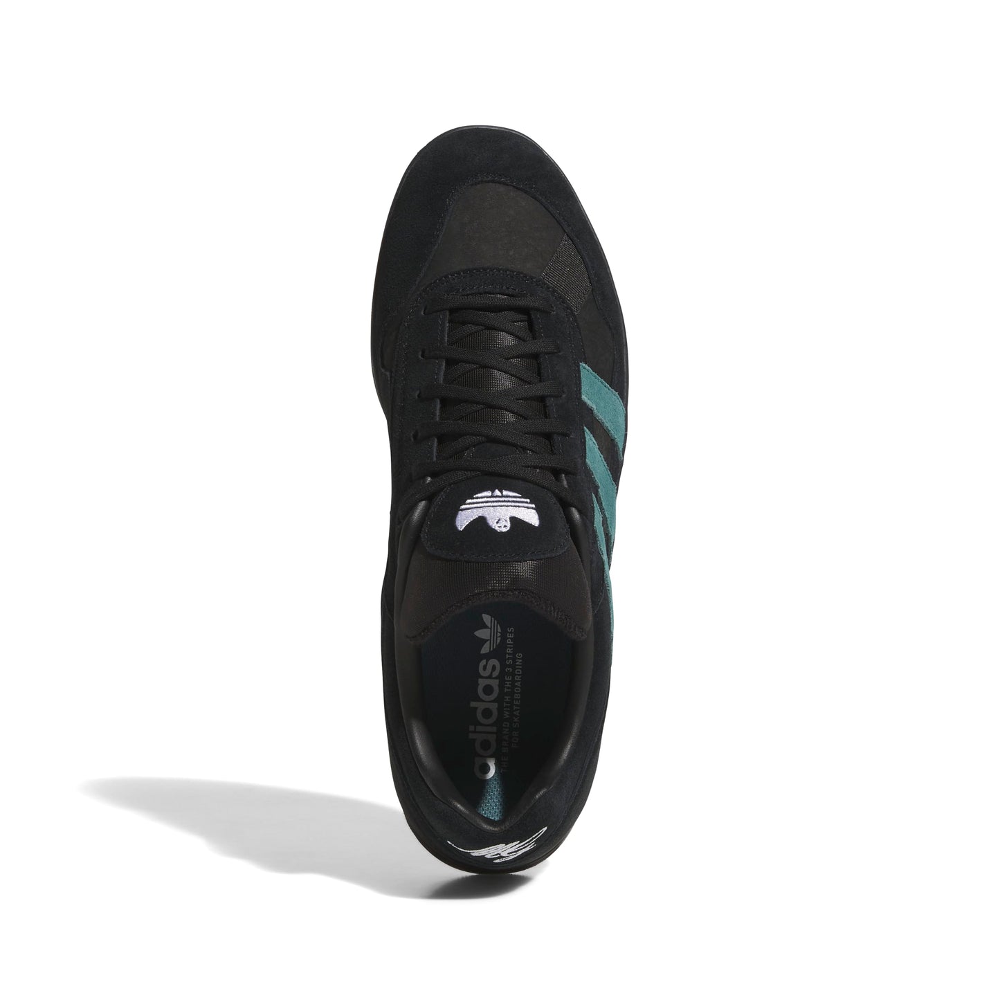 top down view of Black Adidas sneaker with teal tripes on a white background