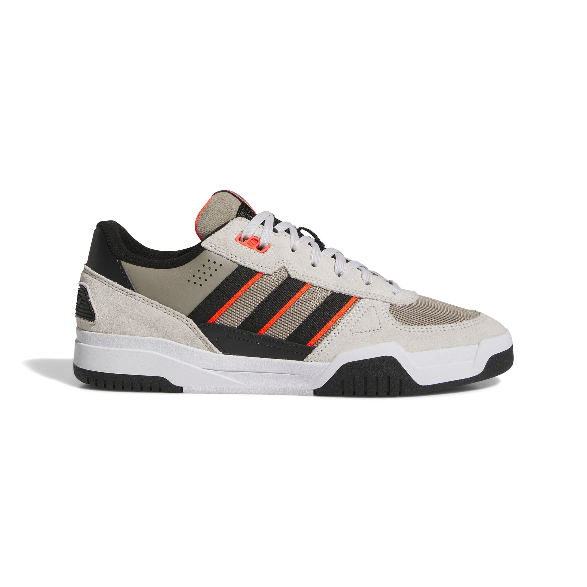 Sneaker with black and orange stripes on a white background