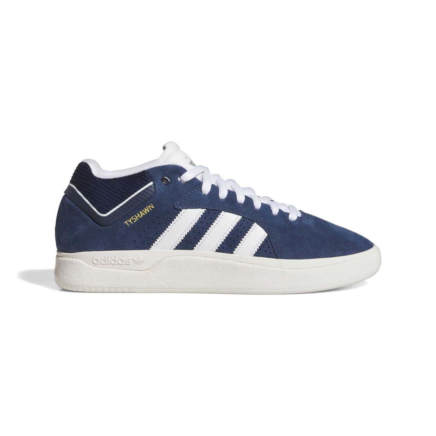 Navy blue Adidas sneaker with white stripes on a white background